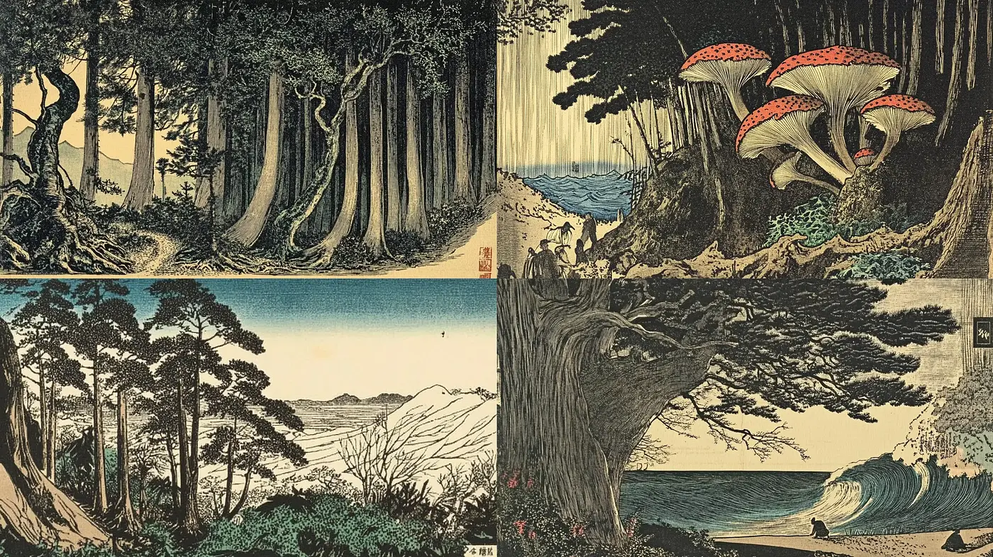 Serene Ukiyo-e Inspired Landscapes with Consistent Chromatic Harmony - Midjourney sref style