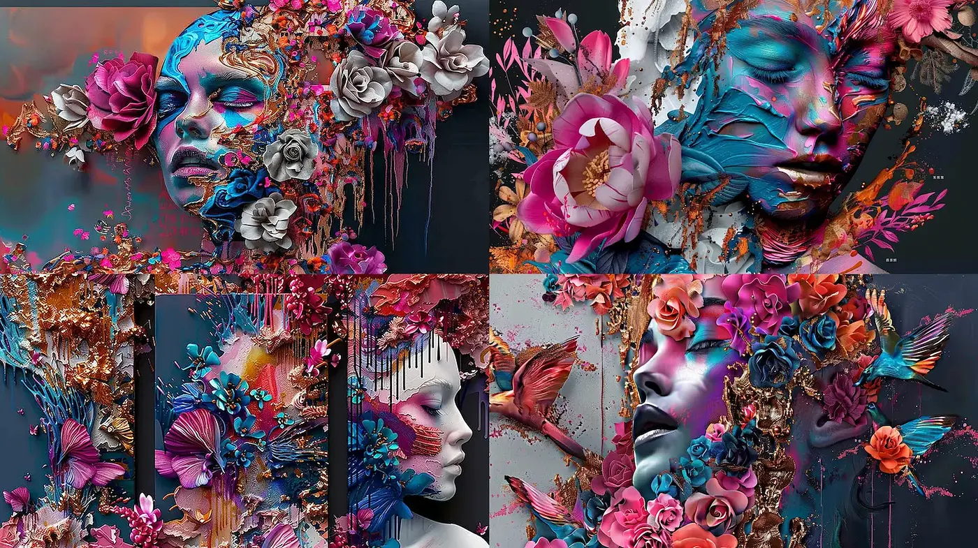 Vibrant Floral Surrealism with Textural Complexity - Midjourney sref style