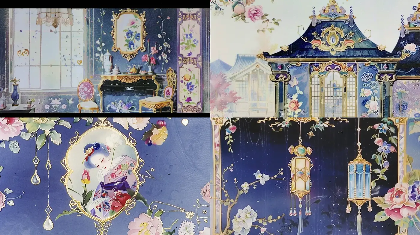 Ethereal Rococo Reverie: A Dreamlike Fusion of Florals and Opulence - Midjourney sref style