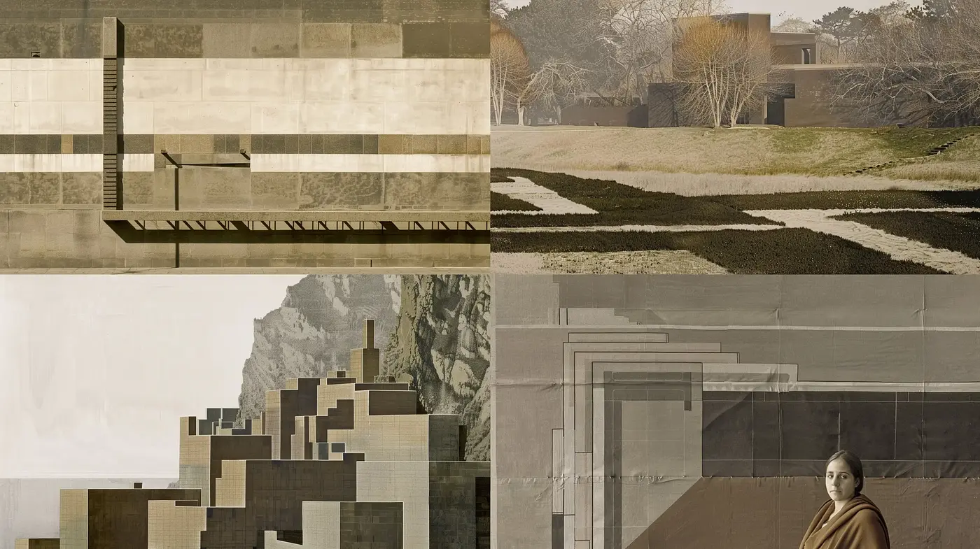 Abstract Architectural Impressions with a Nostalgic Sepia Overlay - Midjourney sref style