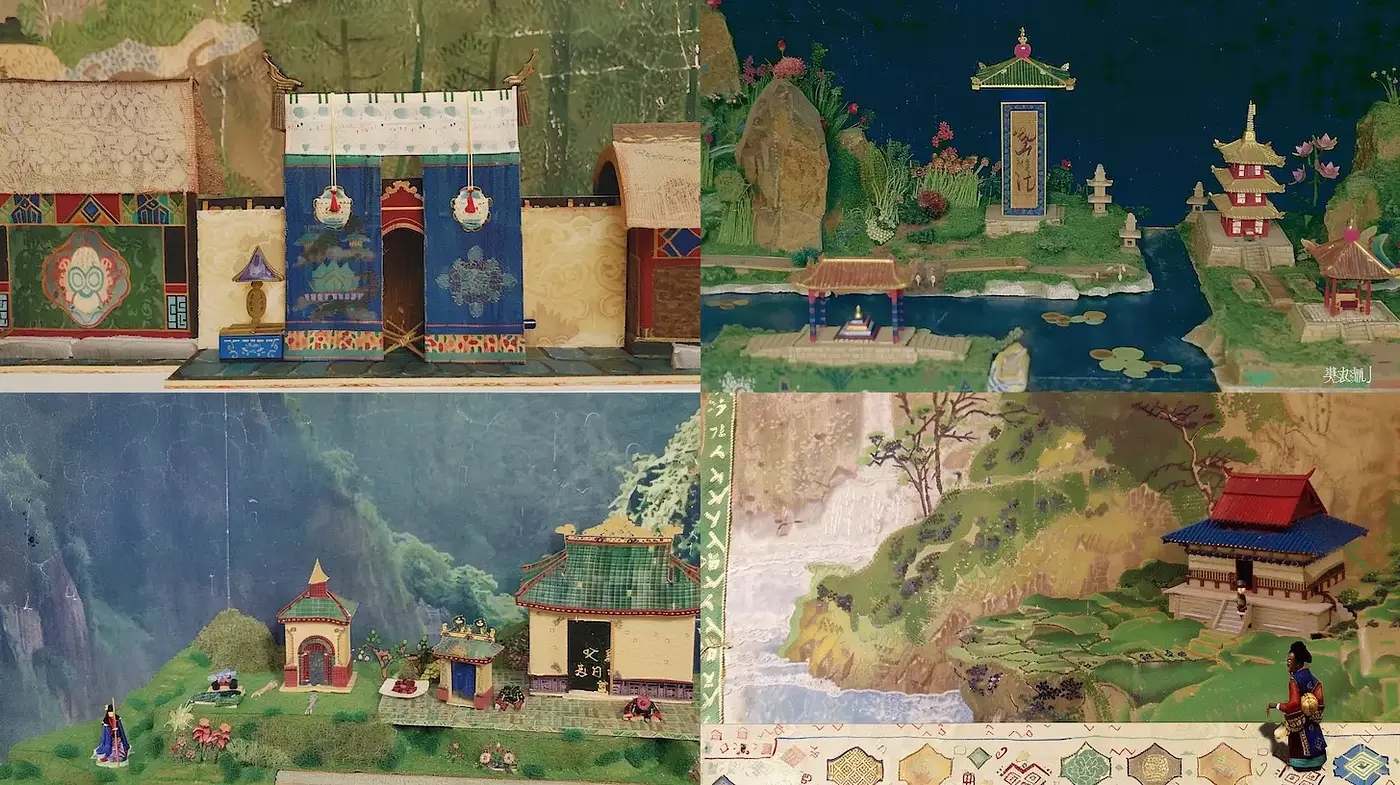 Serene architectural landscapes with ornate detailing and tranquil settings - Midjourney sref style