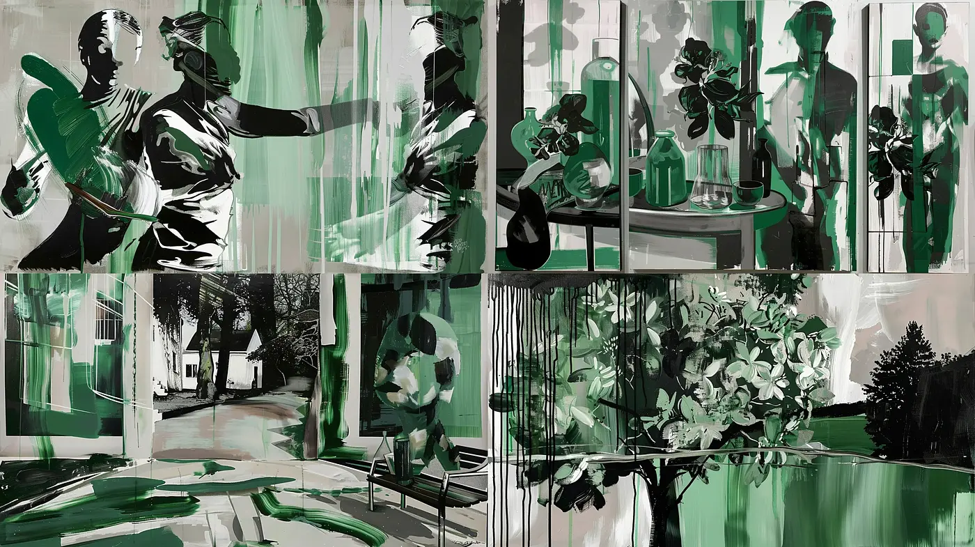 Monochromatic Green Brushstroke Fusion - Midjourney sref style