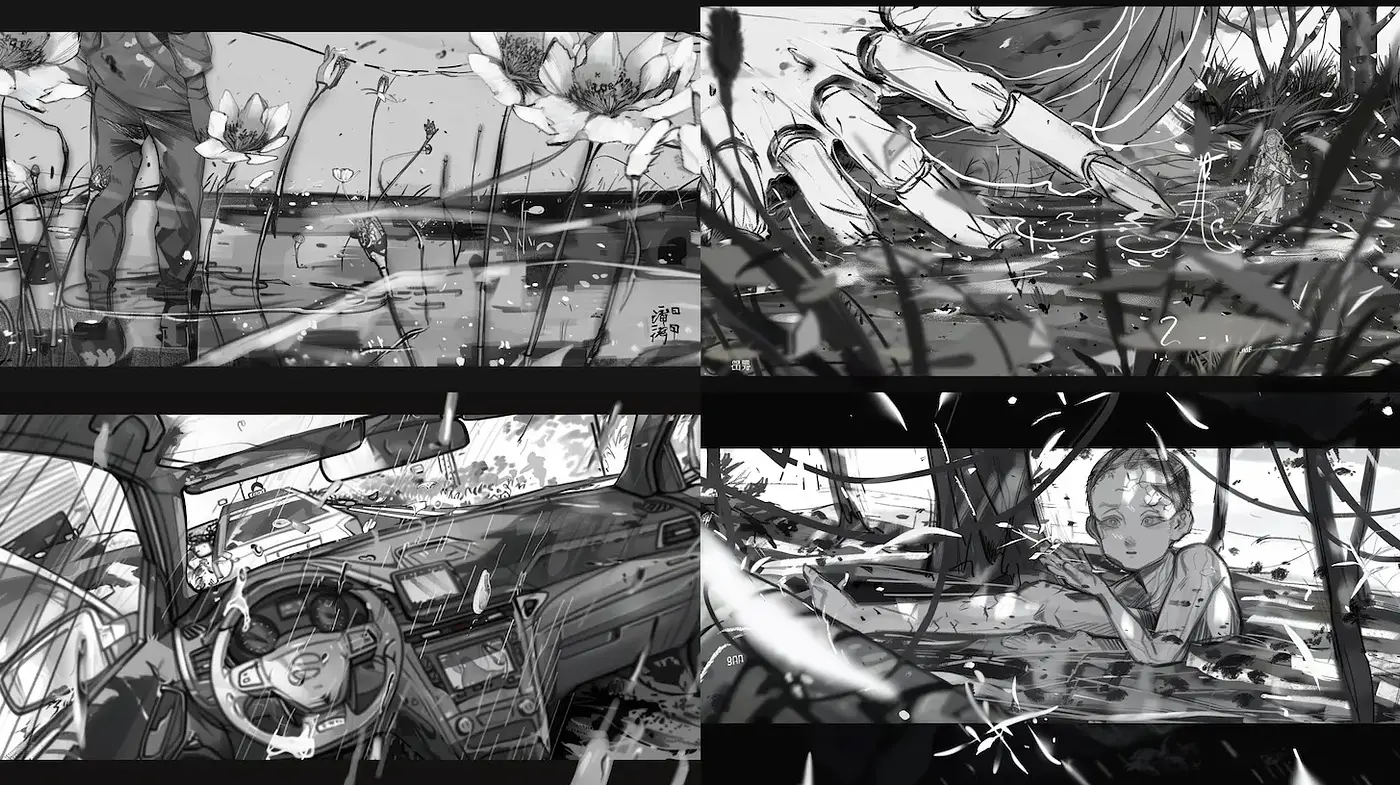 Dynamic monochrome scenes with a surreal touch - Midjourney sref style