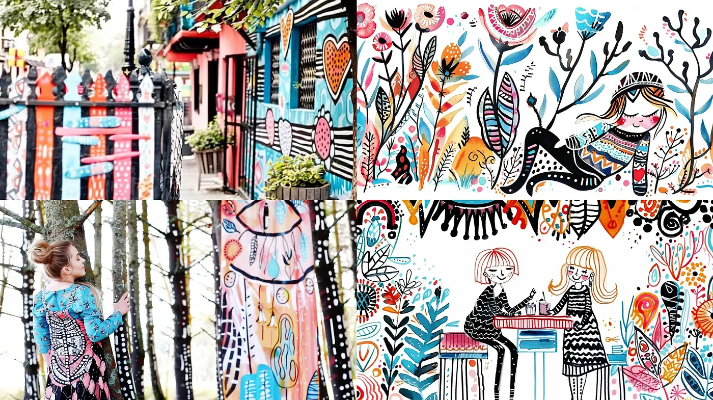 Vibrant Folk Art Fusion with Whimsical Undertones - Midjourney sref style
