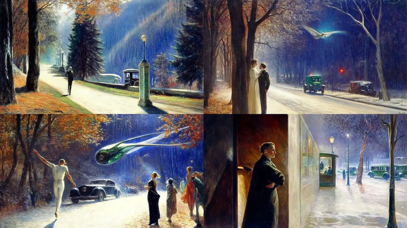 Luminous Vintage Narratives in a Twilight Hued Dreamscape - Midjourney sref style