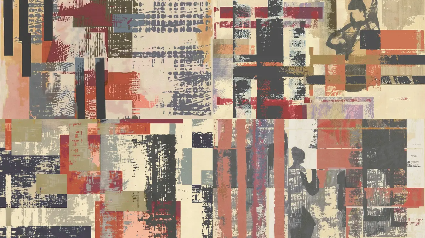 Contemporary Abstract Montage with Textured Layers and Vintage Overtones - Midjourney sref style