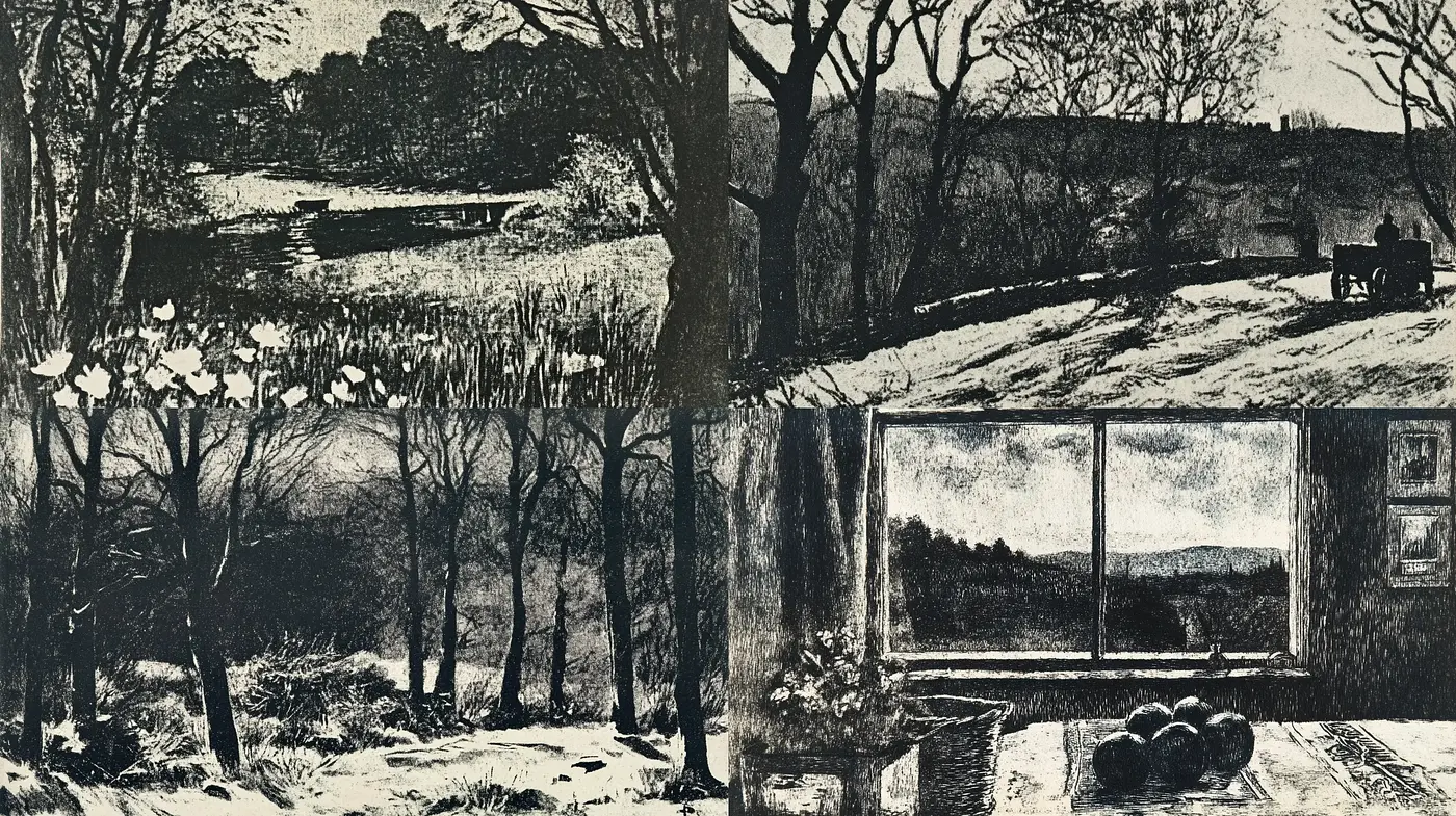 Monochromatic Rustic Pastoral Impressions - Midjourney sref style