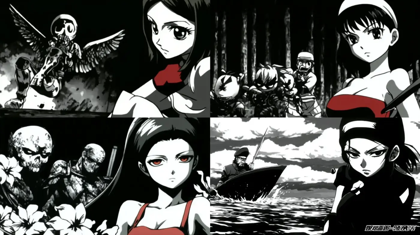 Monochromatic Anime-Inspired High Contrast Vignettes - Midjourney sref style