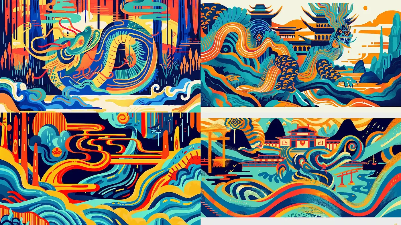 Vibrant, stylized interpretations of mythical landscapes with cohesive color schemes and fluid forms - Midjourney sref style