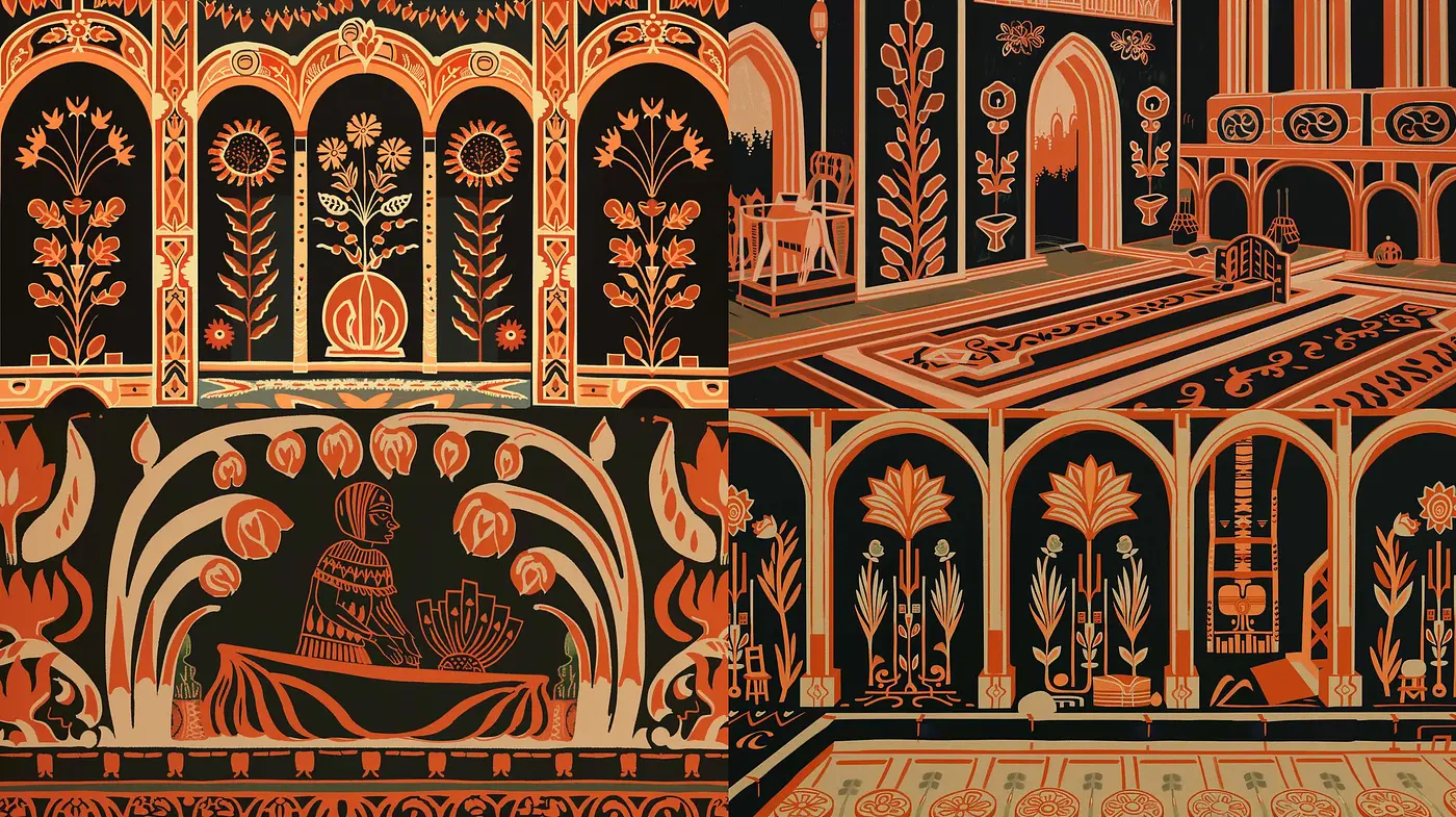 Ornate Tapestry of Mythological Silhouettes - Midjourney sref style