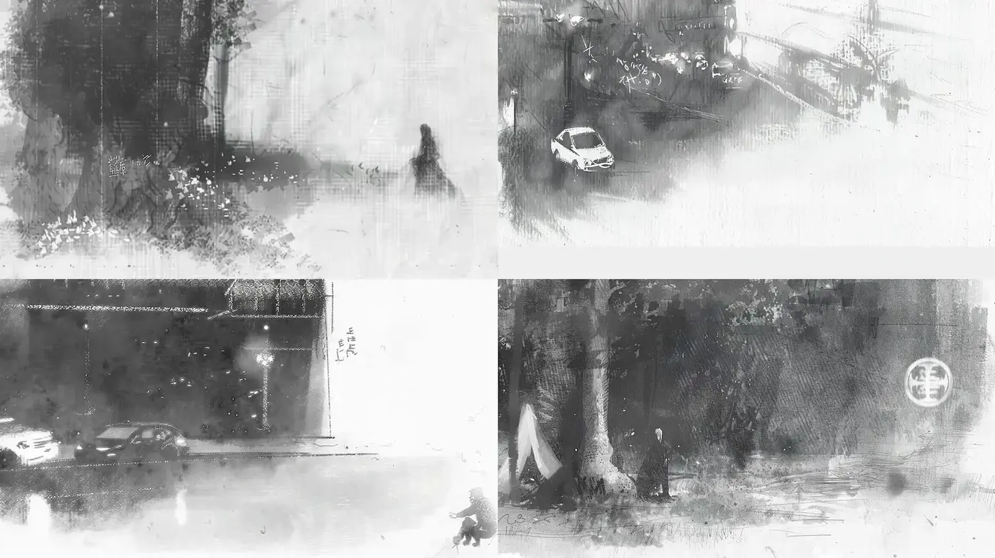 Moody Monochromatic Environments with a Blend of Traditional and Contemporary Aesthetics - Midjourney sref style