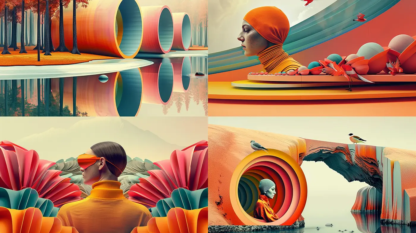 Surreal Autumn Hues: A Vivid Fusion of Nature and Geometry in an Artistic Dreamscape - Midjourney sref style