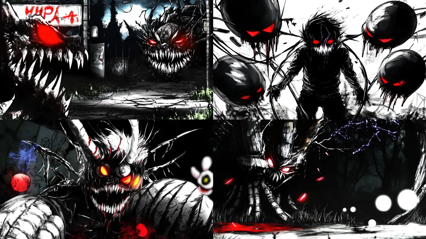 Chaotic Nightmares in Monochrome with Crimson Highlights - Midjourney sref style