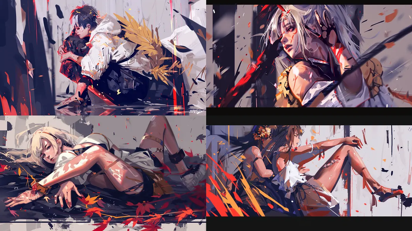 Dynamic Brushwork and Vivid Contrasts: Exploring the Energetic Anime-Inspired Digital Paint Style - Midjourney sref style