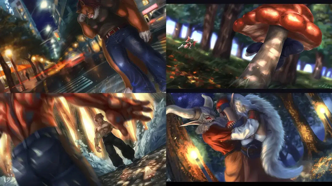 Dynamic and immersive fantasy art style with a blend of realism and cartoon-like elements - Midjourney sref style