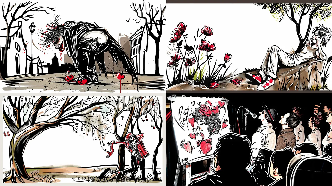 Stylized Graphic Novel Illustration with Expressive Line Art and Splashes of Red - Midjourney sref style