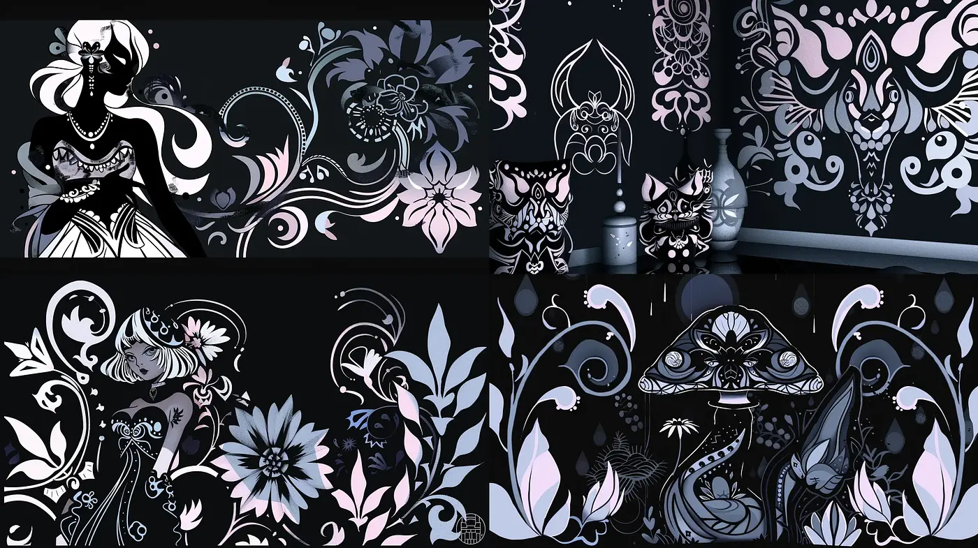 Monochromatic Midnight Florals and Fantasia - Midjourney sref style