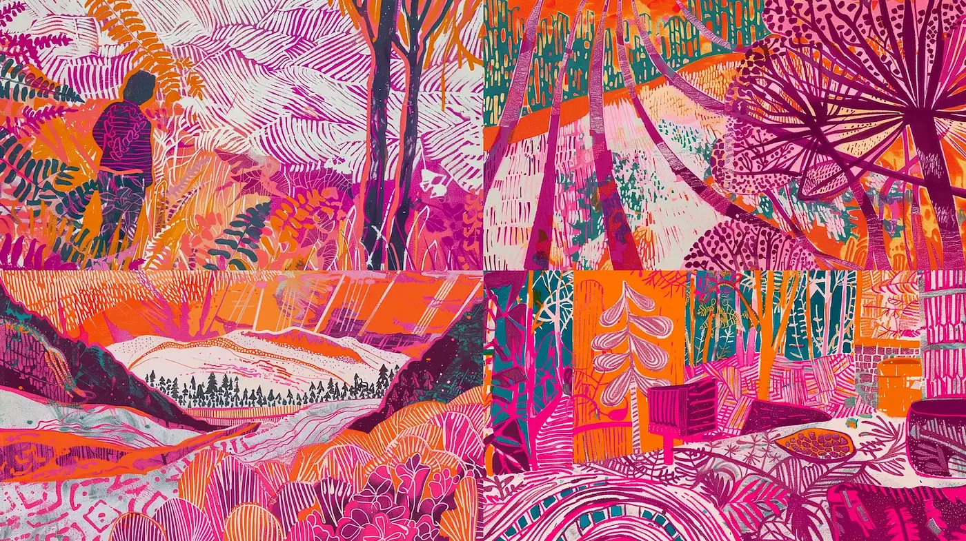 Vibrant and Energetic Nature Illustrations with Intricate Line Work - Midjourney sref style