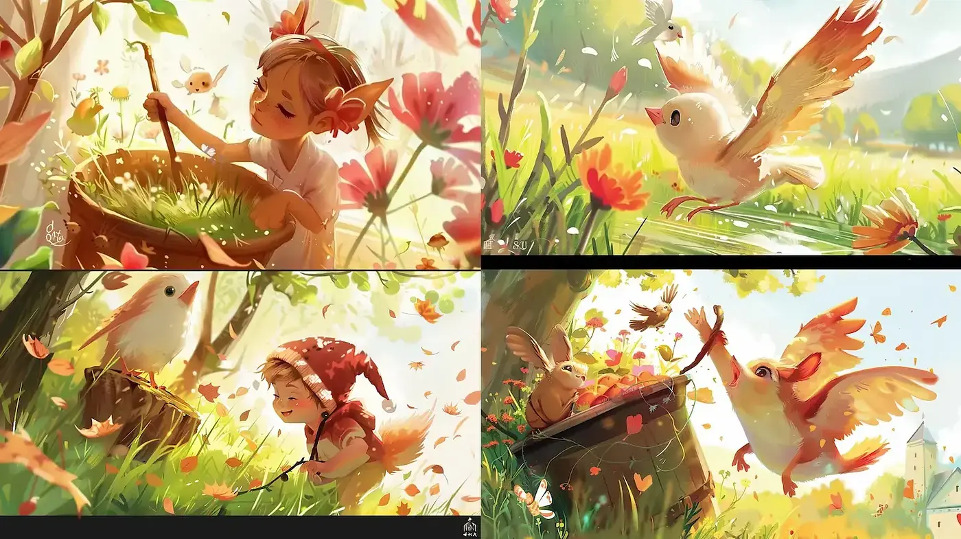 Whimsical nature scenes infused with warmth and playfulness - Midjourney sref style