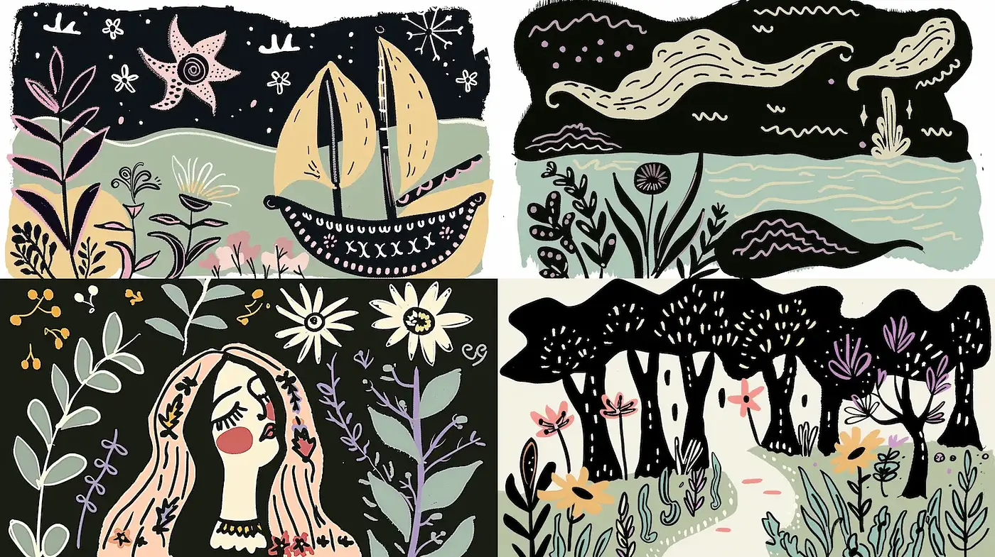 Whimsical Illustrated Scenes with a Distinctive Folk Art Vibe - Midjourney sref style