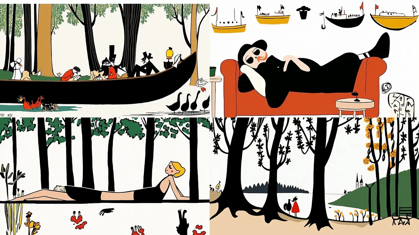 Whimsical Interpretations of Leisure in Stylized Forests - Midjourney sref style