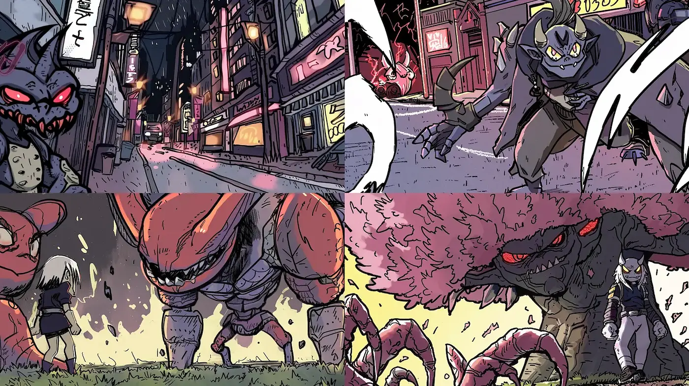 Dark Whimsical Urban Fantasy with Bold Coloration - Midjourney sref style