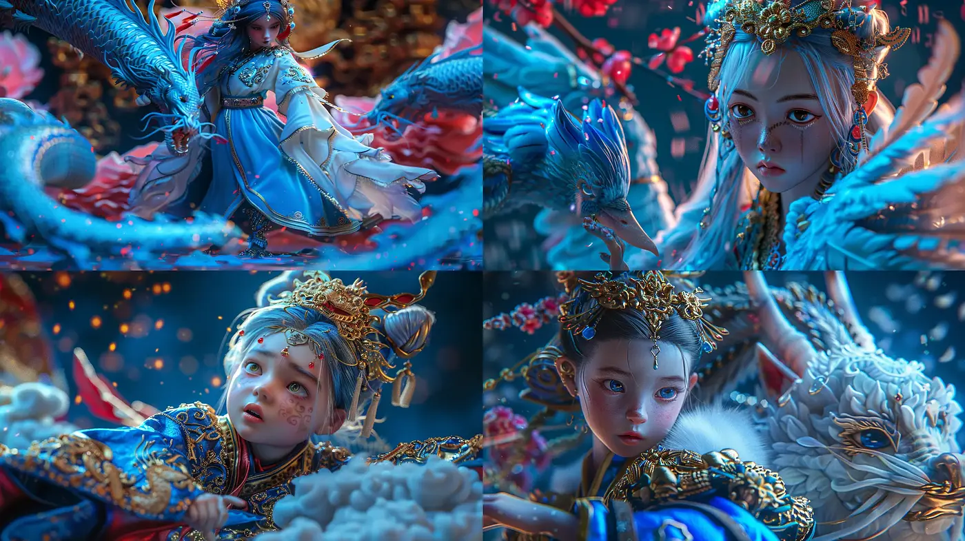 Ethereal Opulence in Digital Fantasia: A Harmony of Azure and Vermilion - Midjourney sref style