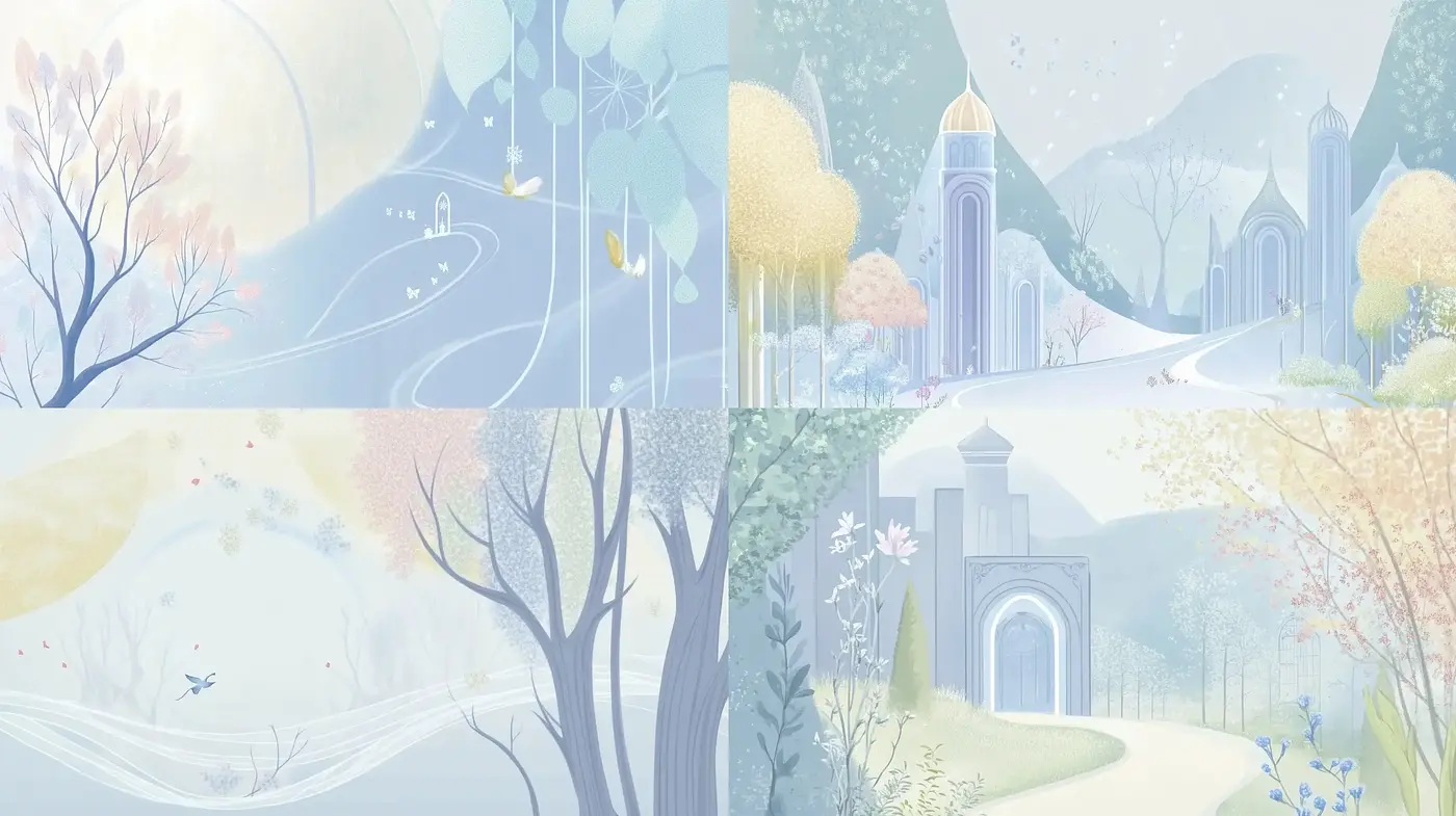 Ethereal Pastel Dreamscape with Whimsical Architecture - Midjourney sref style