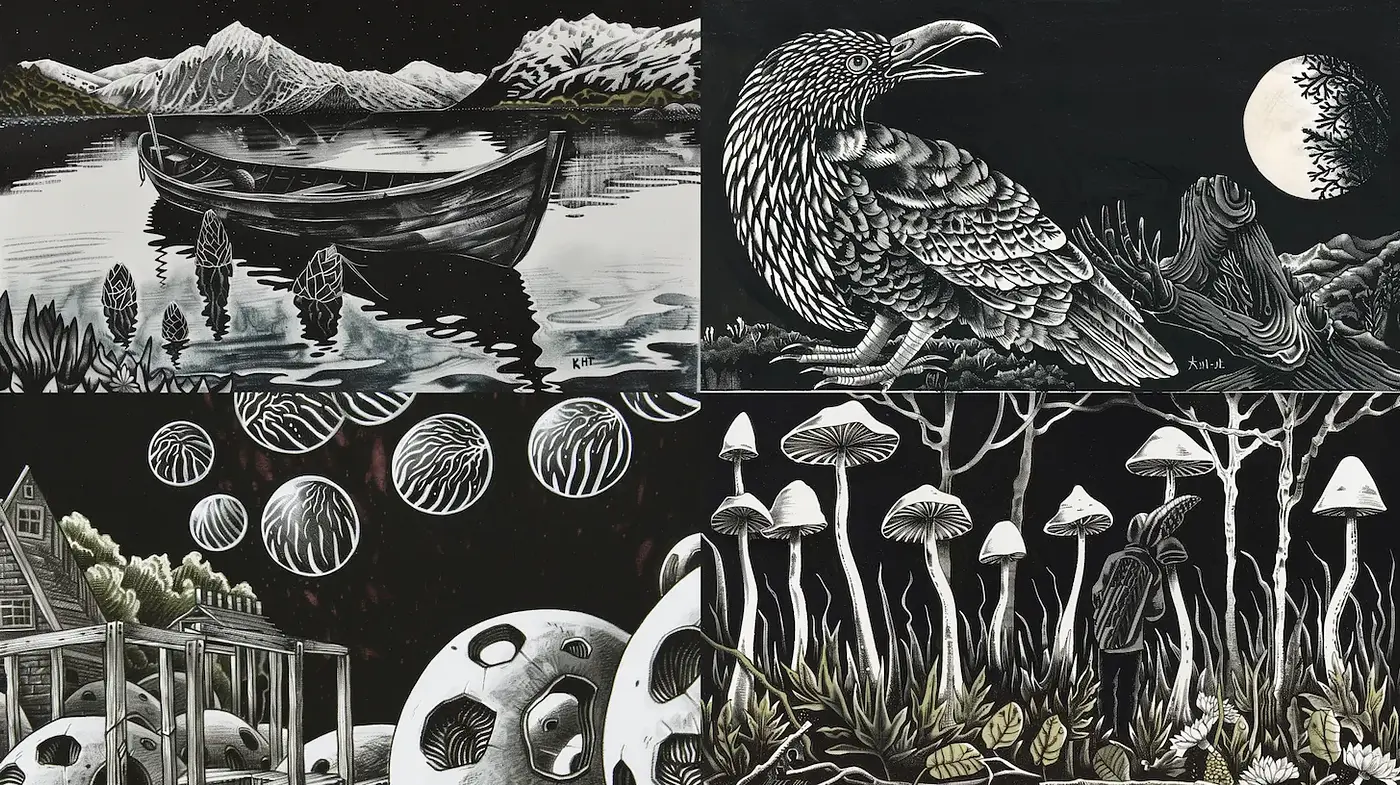 Intricate monochrome illustrations with a surreal and organic essence - Midjourney sref style