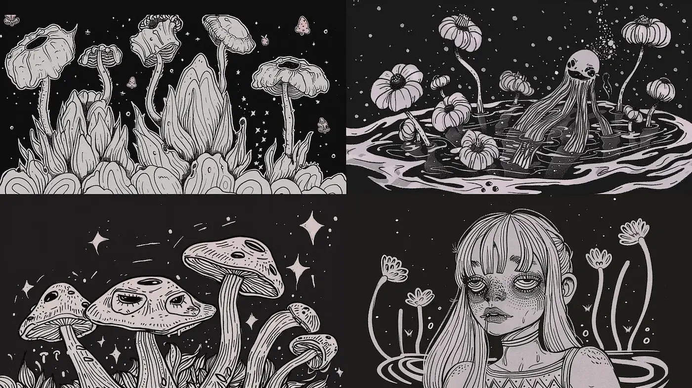 Surreal Dreamlike Imagery with Organic Themes and Monochromatic Palette - Midjourney sref style