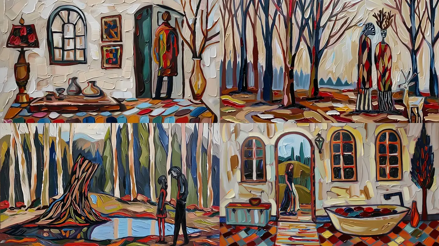 Melancholic Expressionism with a Chromatic Folkloric Touch - Midjourney sref style