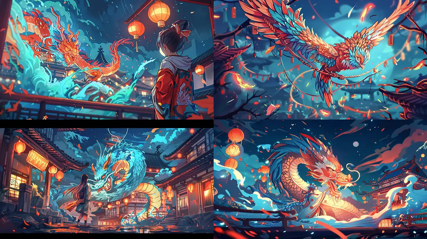 Luminous Mythical Beasts in a Vibrant Neo-Traditional Asian Dreamscape - Midjourney sref style