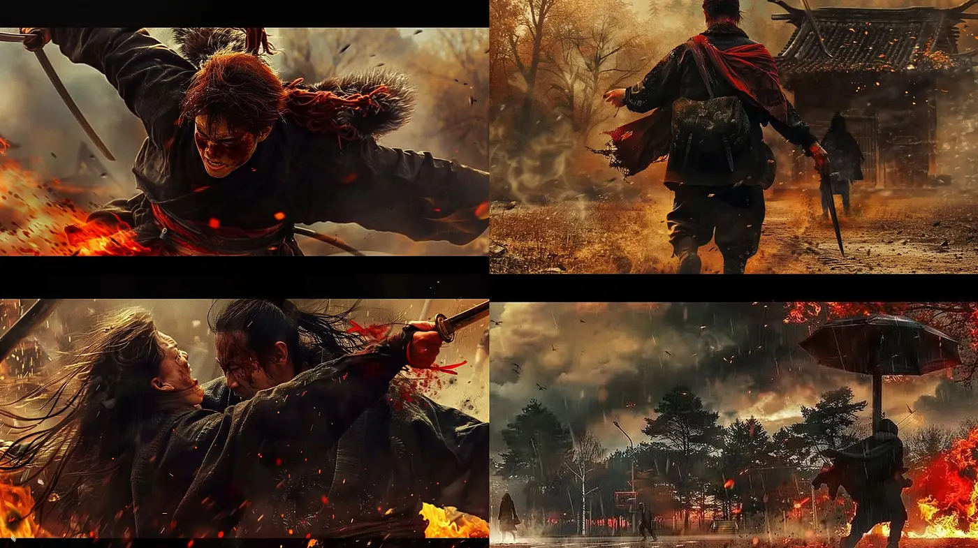 Fiery Edo Period Battle Scenes with Cinematic Brushwork - Midjourney sref style