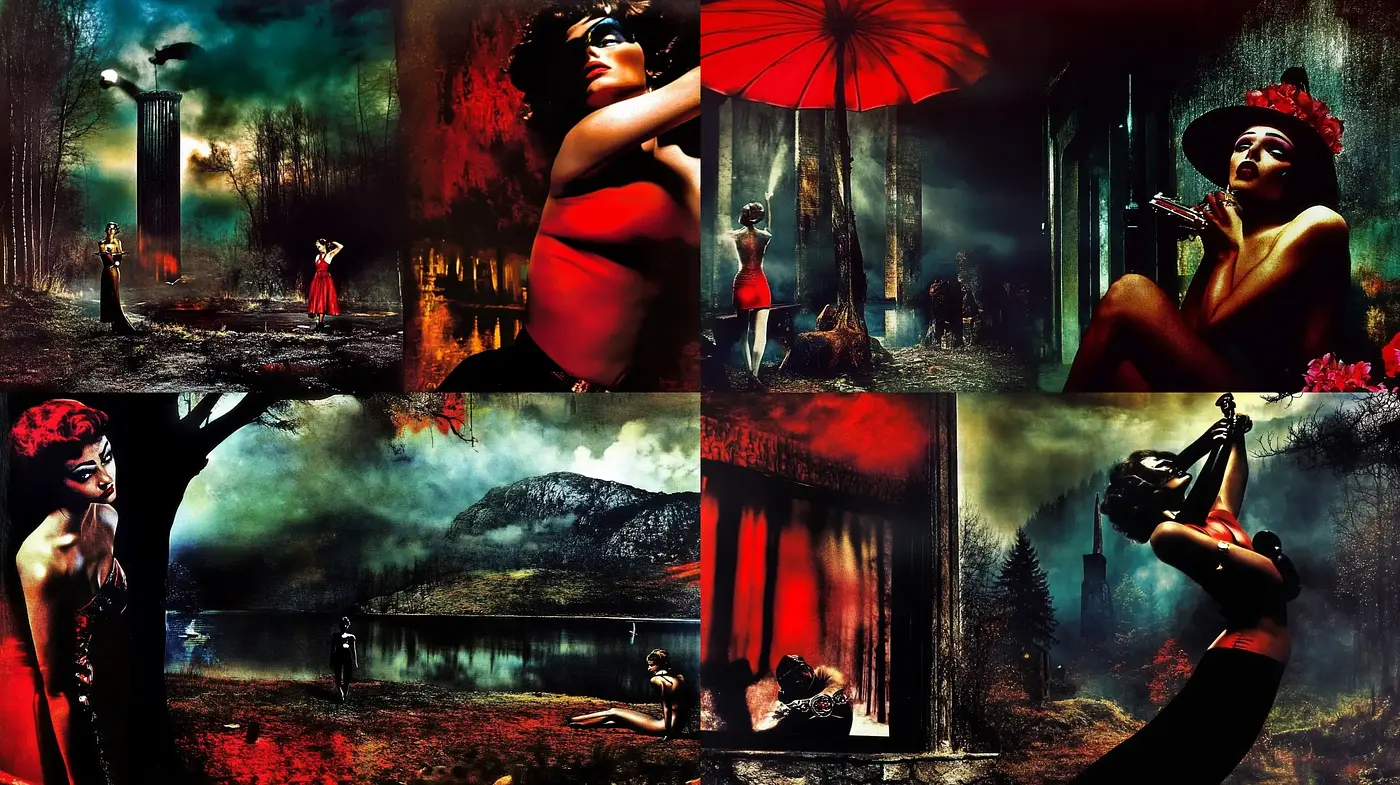 Enigmatic Elegance in Crimson and Charcoal: A Homage to Surrealist Sensibilities - Midjourney sref style