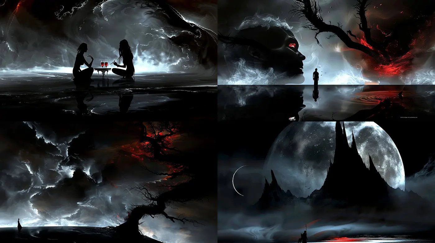 Ethereal Nocturne: A Consistency of Shadows and Silhouettes in a Darkly Tinted Tableau - Midjourney sref style