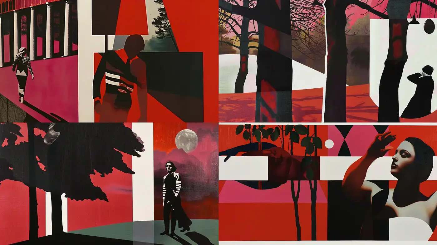 Shades of Red: Abstract Silhouettes with a Surreal Noir Twist - Midjourney sref style