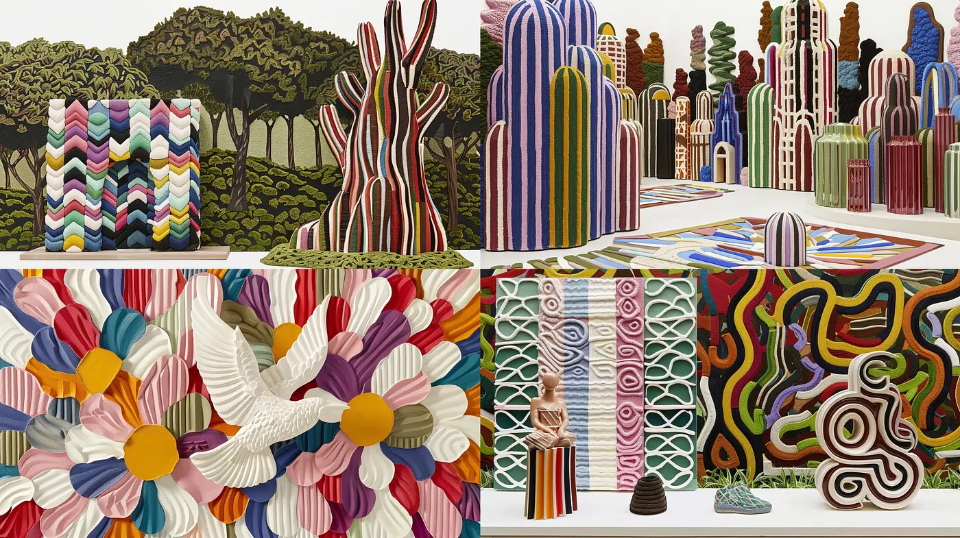 Whimsical Texture Symphony: A Fusion of Vibrant Stylized Botanics and Geometric Shapes - Midjourney sref style