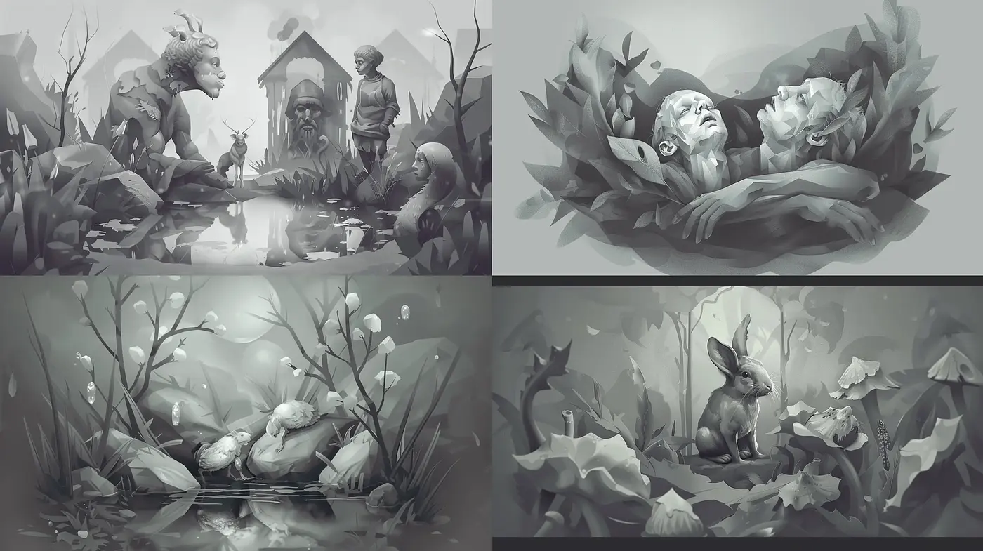 Monochromatic Whimsy in Ethereal Dreamscapes - Midjourney sref style