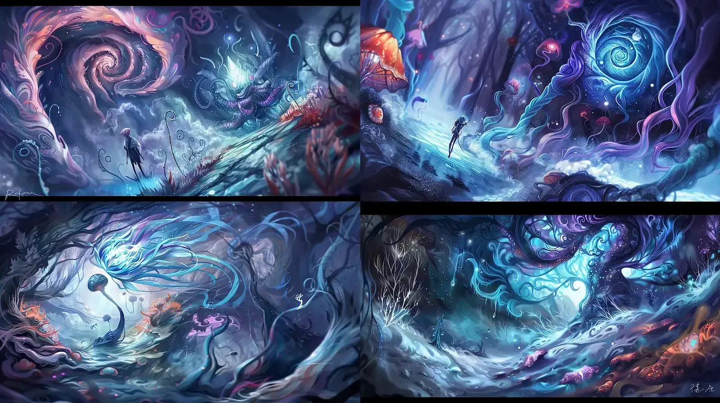 Ethereal and Dreamlike Visuals with Swirling Abstract Elements - Midjourney sref style
