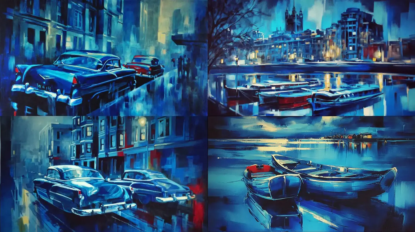 Moody Urban Nightscapes with a Lush Blue Palette - Midjourney sref style