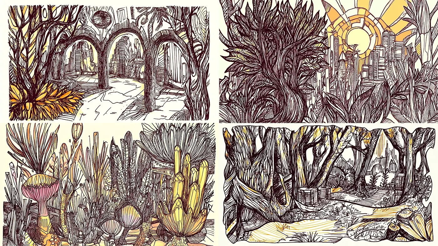 Illustrative Pen-and-Ink Nostalgia in Sepia Tones - Midjourney sref style