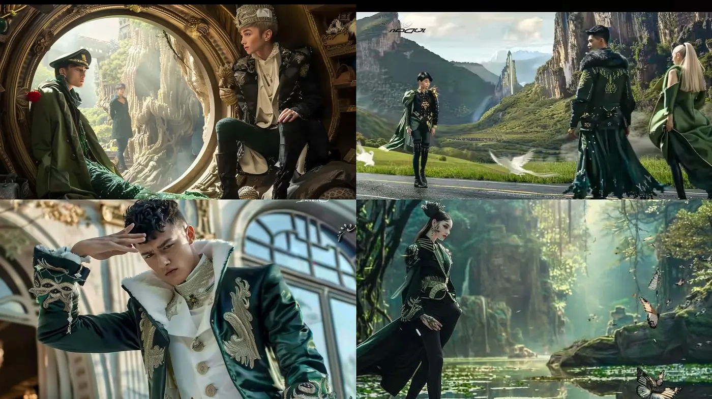 Enigmatic Elegance: A Fusion of Baroque Opulence and Surreal Landscapes in Emerald and Gold - Midjourney sref style