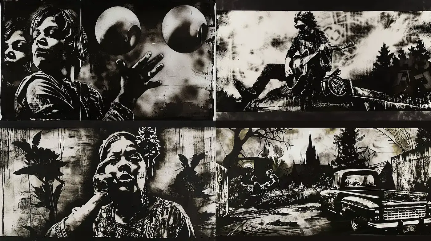 Monochromatic Noir Echoes in Grunge Expressionism - Midjourney sref style