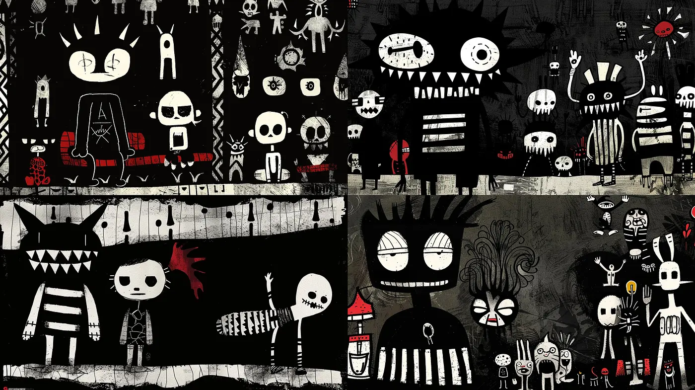 Monochrome Whimsy: An Exploration of Playful Darkness and Textured Simplicity - Midjourney sref style