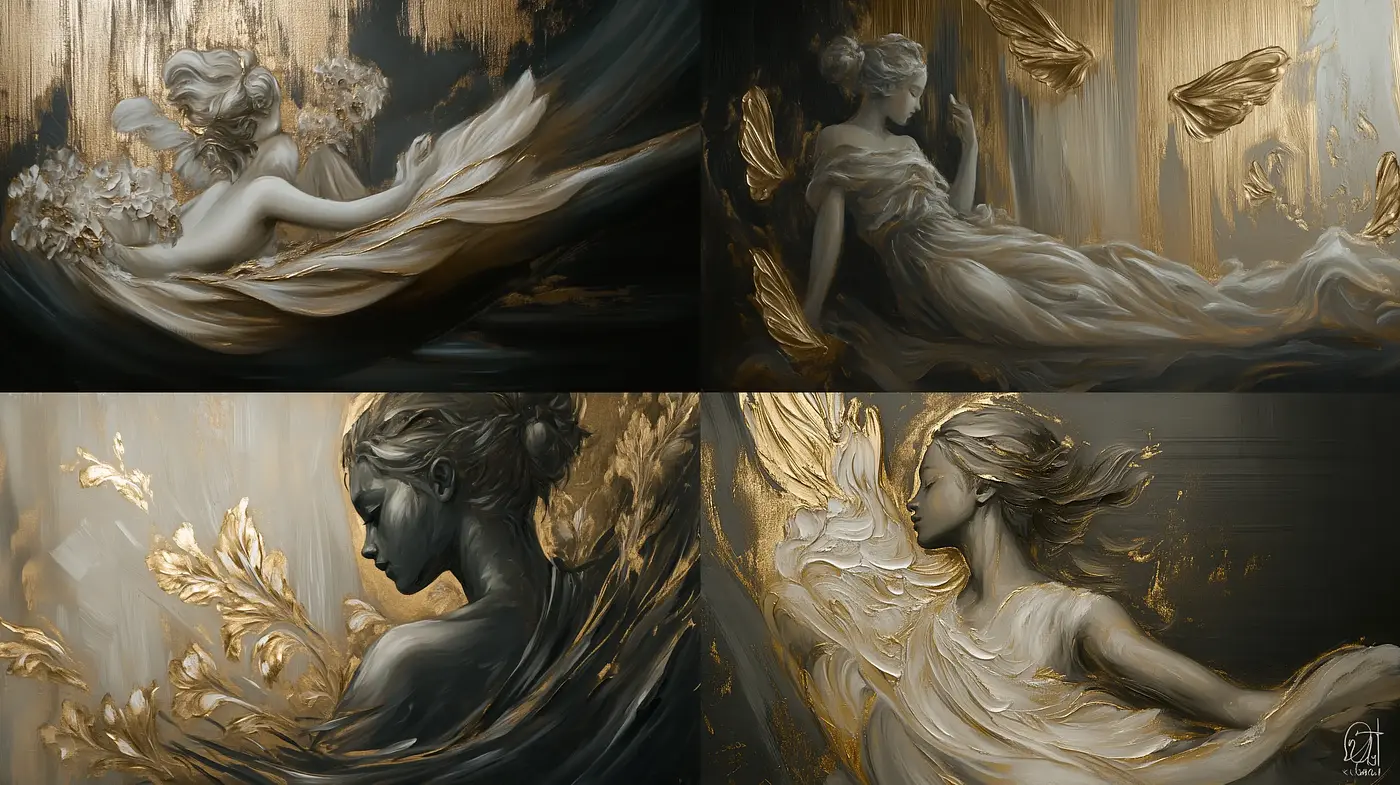 Ethereal Gilded Brushstrokes: A Harmonious Blend of Baroque Elegance and Modern Fluidity - Midjourney sref style