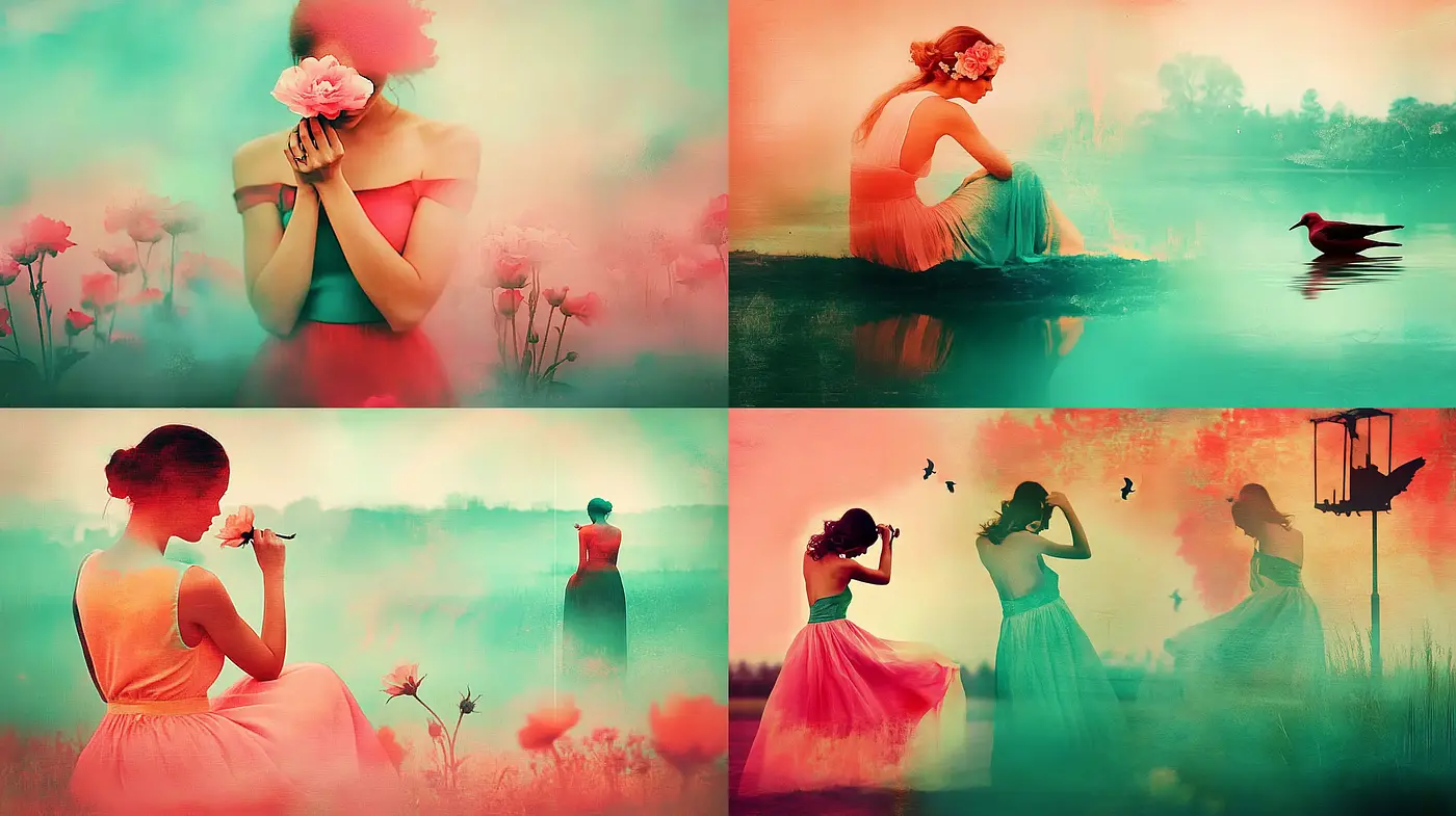 Dreamlike Serenity in Teal and Coral - Midjourney sref style