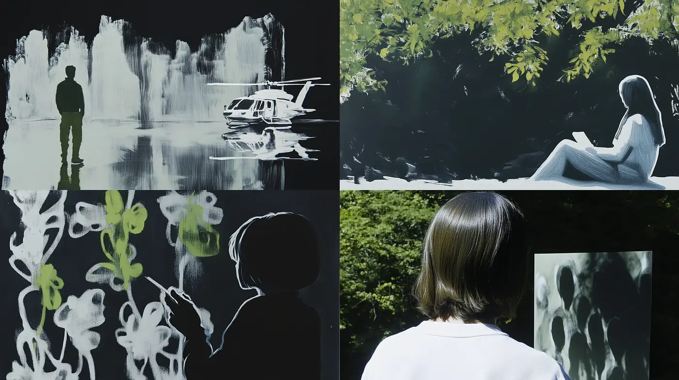 Contemplative Silhouettes and Serene Palettes: A Study in Stark Contrasts and Soothing Nature - Midjourney sref style