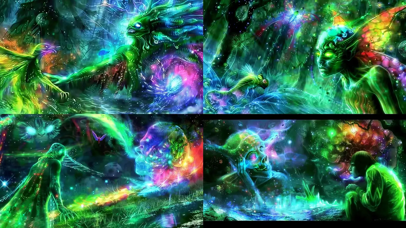 Psychedelic Luminescence: A Vivid Journey Through Surreal Fantasy - Midjourney sref style