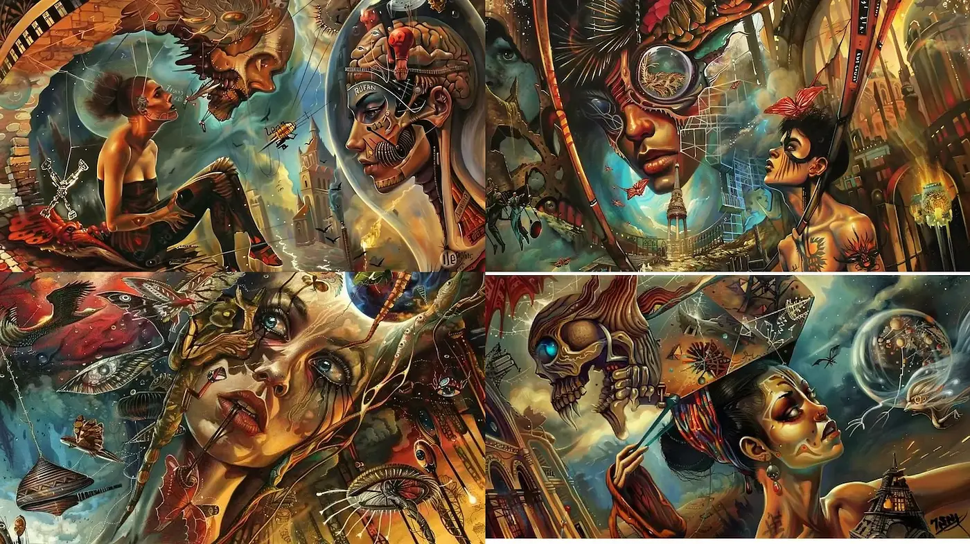Surreal and intricate fusion of vivid imagery and steampunk aesthetics - Midjourney sref style