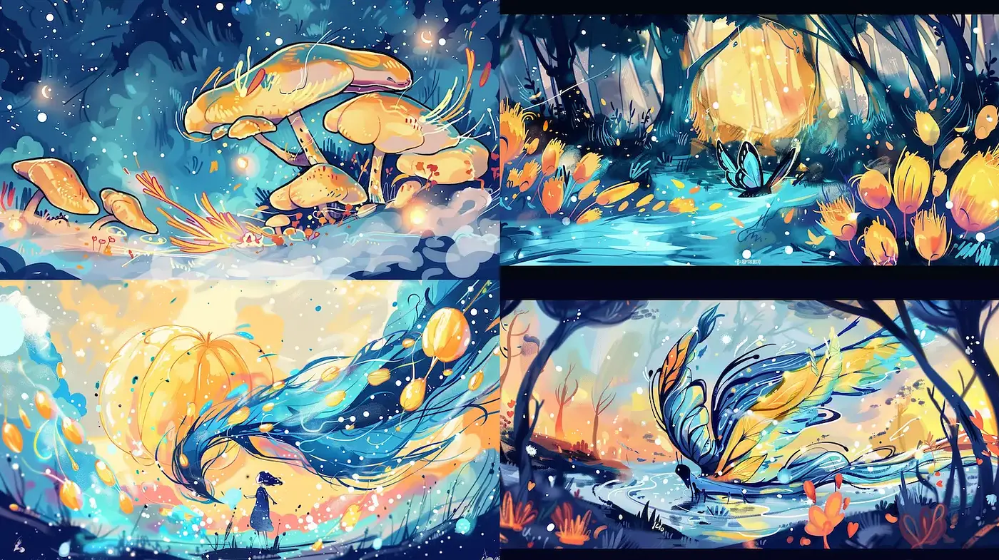 Vibrant, whimsical landscapes with magical realism elements - Midjourney sref style